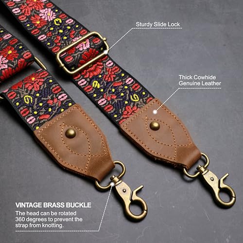 Nefelibata Banjo Strap,2"Wide Double Crazy Horse Leather Jacquard Embroidery Strap Adjustable Replacement,Multi-pattern Strap With Metal Clips - color: A#-pink Embroidery