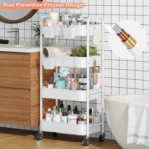 4 Tier Rolling Storage Cart Metal with Wheels, 37in Heavy Duty Roller Carts - color: Light White, size: 4 Tier + Cups + Hooks
