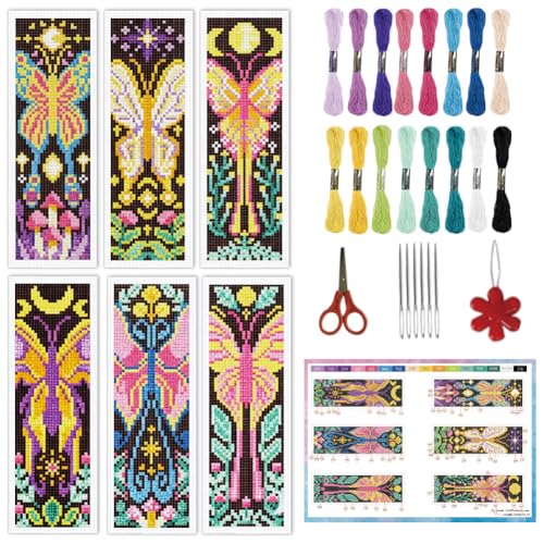 INFUNLY 6Pcs Cross Stitch Bookmark Kit 3x8.5 Inch Butterfly Stamped Embroidery Starter Set for Adults DIY Fabric Needlepoint Bookmark with 16 Colors Floss Scissor Threader Backing Felt for Book Lovers - style: Butterfly