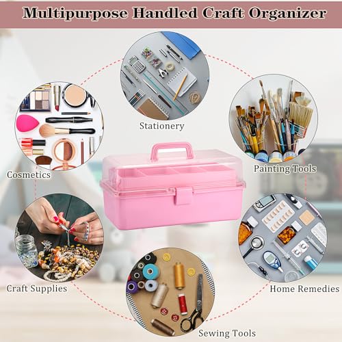 Tackle Box, 16-Inch Extra Large Art Storage Box with 3-Layer Folding Trays - color: Pink