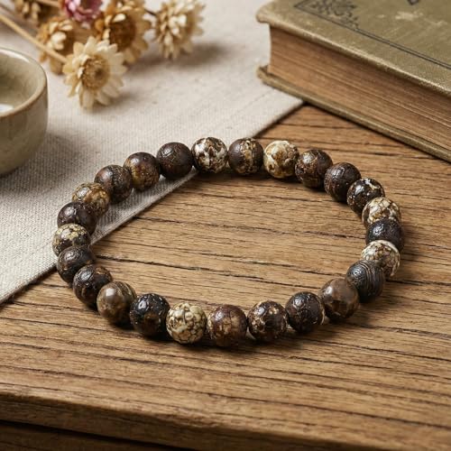 60pcs Round Loose Brown Crack Old Agate Beads for Bracelet Beads，6mm Gemstone Bead Round Loose Stone Beads for Jewelry Making DIY Bracelet Necklace Earrings - color: brown crack, size: 6mm