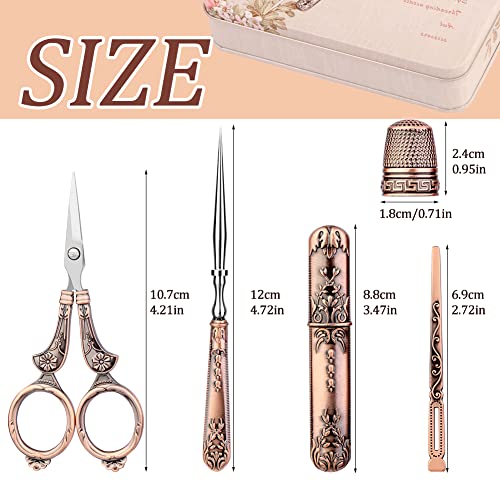 BUTUZE Embroidery Scissors Kit, European Antique Vintage Sewing Kit, Complete Vintage Sewing Tools with Embroidery Scissors,Original Case,Sewing Needle Case, Awl for Sewing, Craft, Needlework - color: Patina