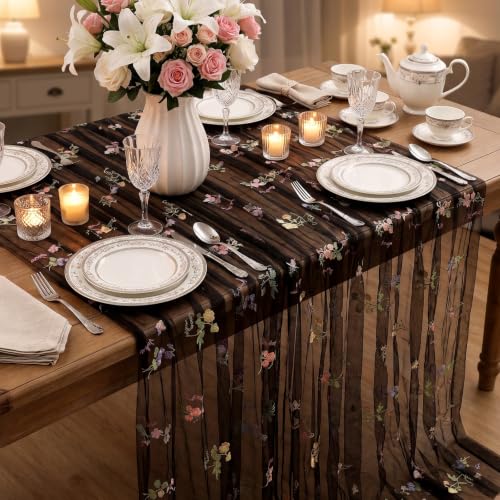Black Gauze Table Runner with Floral 10ft Embroidery Tulle Spring Fall - color: Black, size: 60"x120",1pc