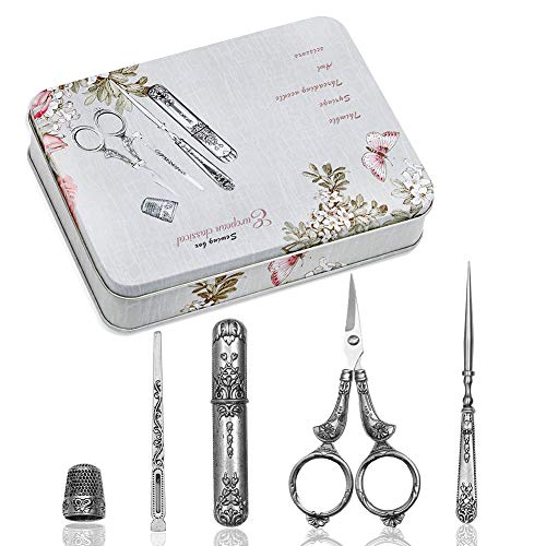BUTUZE Embroidery Scissors Kit, European Antique Vintage Sewing Kit, Complete Vintage Sewing Tools with Embroidery Scissors, Original Case, Sewing Needle Case, Awl for Sewing, Craft, Needlework - color: Silver