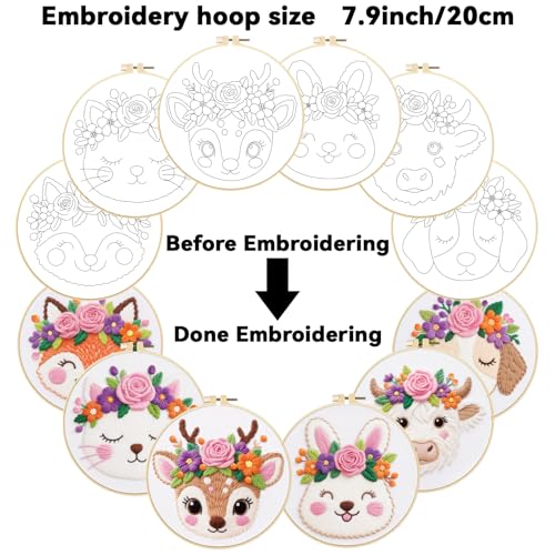 ORIGACH 6 Pack Animals & Floral Crown Embroidery Kit for Beginners - style: Animals & Floral