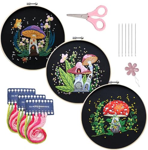 Meecaa 3 Pieces Mushroom Butterfly Flower Embroidery Kit Starter Set, Hand Embroidery Set,Pattern Printed Cross Stitch Set for Beginner Adults, with Embroidery Hoop and Instructions (Mushroom) - color: Mushroom