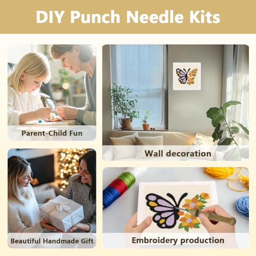 Doodlream Butterflies and Flowers DIY Punch Needle Embroidery Kit for Adult Beginner, 9.4" Punch Stitching Craft Set for Starter with Frame, Fabric Pattern, Threader, Yarn, Pinch Needle - color: Butterflies and Flowers