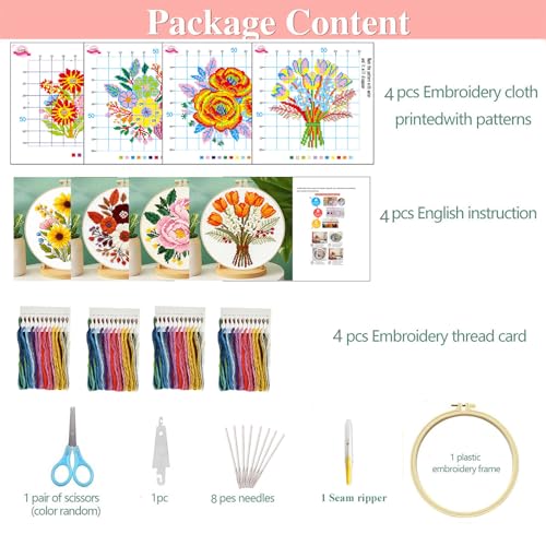 FEIYUENO 4 Pack Flower Pattern Embroidery Kit for Adults Beginner, Floral - color: Floral