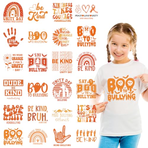 Dtf Transfers Ready to Press - 24Pcs Halloween Anti Bullying Iron on Transfers Unity Day Orange Iron on Decals Patches Kindness Squad Heat Transfer Vinyl Stickers for Clothing Pillows Bag DIY Crafts - color: Anti Bullying