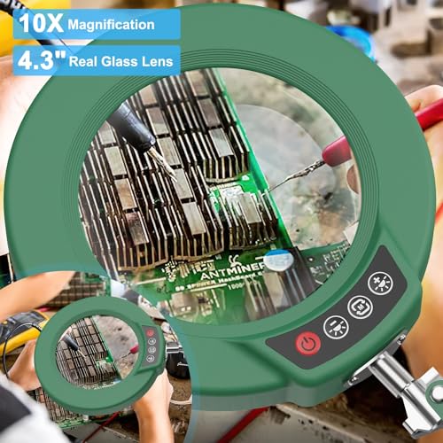 10X Magnifying Glass with Light and Clamp, Real Glass Stand Lighted Magnifier, 5 Color Modes Stepless Dimmable LED Desk Lamp Hands Free for Crafts Hobby Reading Painting Sewing Close Work - Green - color: Green, size: 10X-Regular Arm