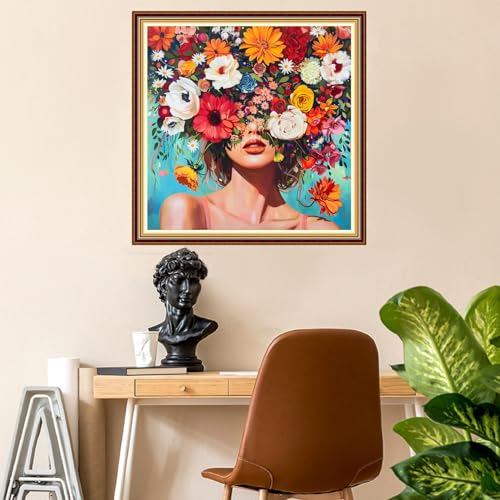 Fanxvivy Stamped Counted Cross Stitch Kits for Adults Printed Cross-Stitch Patterns 11CT Stamped or Counted Cross Stitching Embroidery Kit Needlepoint Kits-Colorful Flower Girl 18x18 inch - color: Artkits18