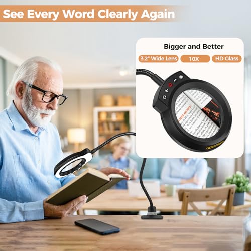 Magnifying Glass with Light and Clamp Desktop Bigger 10X Magnifier Desk Clip on Lamp for Close Work, Bed Book Reading,Crafting,Sewing, Soldering, USB (Black, 18.6 inch)