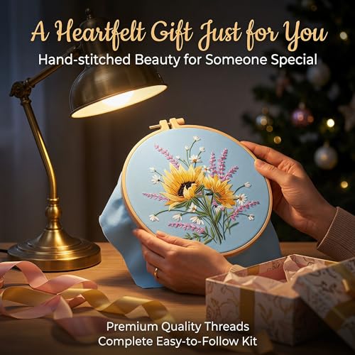 Harimau Adult Beginner Embroidery Starter Kit, Complete Set with 4 Patterns, 2 Hoops, Needles, Scissors, Instruction Guide & Stitching Video Tutorials - color: Floral2 pattern
