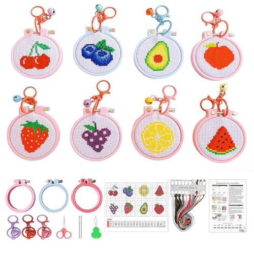 VIGEGU 8 Pack Fruit Stamped Cross Stitch Kits for Kids Beginners with Frame - color: Fruit