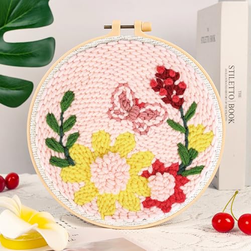 Woohome Punch Needle Kit Included Plastic Hoops, Punch Needle Cloth, Color Yarn and Punch Needle Tools for Adults, Beginners (Sunflowers, Butterflies and Flowers) - color: Color 19