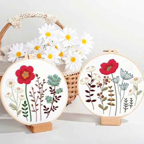 ORIGACH 4 Pack Flowers Embroidery Kits for Beginners, DIY Starter Hand Embroidery Kit with Floral and Plants Patterns and Instructions for Adults Women Crafting - color: Flowers