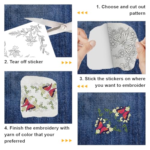 4 Sheets Water Soluble Embroidery Stabilizers 11.69x8.27 Inches Floral Corner Stick and Stitch Embroidery Paper Adhesive Embroidery Transfer Paper for Shirts Coats Bags - style: Floral Corner