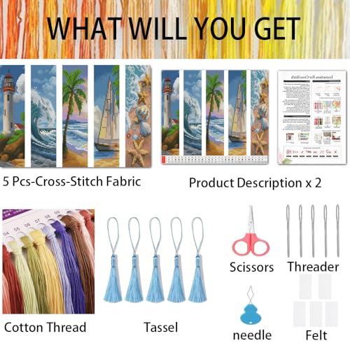 VIGEGU 5 Pack Beach Scenery Cross Stitch Bookmark Kits for Adult Beginners - color: Beach Cross Stitch Bookmarks
