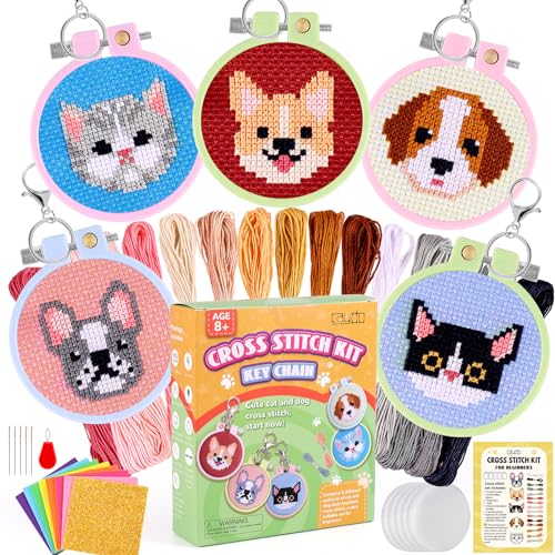 Caydo 5 PCS Cross Stitch Kits for Kids with Cats and Dogs Patterns