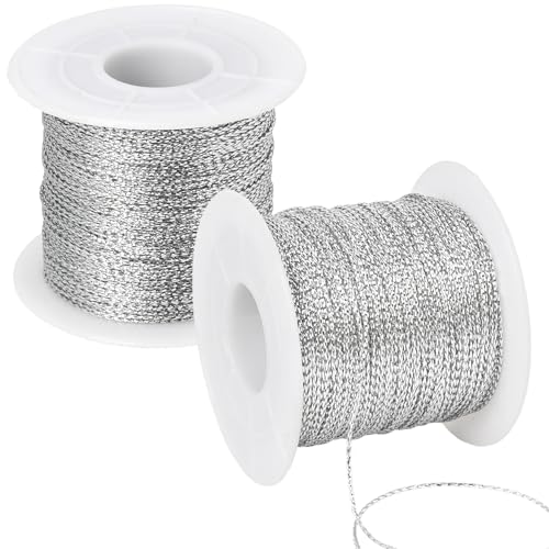 Metallic Cord 218 Yards 1mm Silver String Twine Metallic Tinsel Thin Ribbon Rope Silver Thread String for Crafts Bracelet Necklace Jewelry Making Gift Wrapping Christmas Ornaments Hanging Decor 2 Roll - style: silver