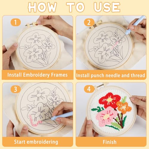 ojustbeok 1 Set Punch Needle Embroidery Starter Kits Includes Punching Needling Fabric with Pattern, Yarns, Embroidery Hoops, Sewing Needles, Instruction for Adults Beginner DIY Handmade Crafts Gifts
