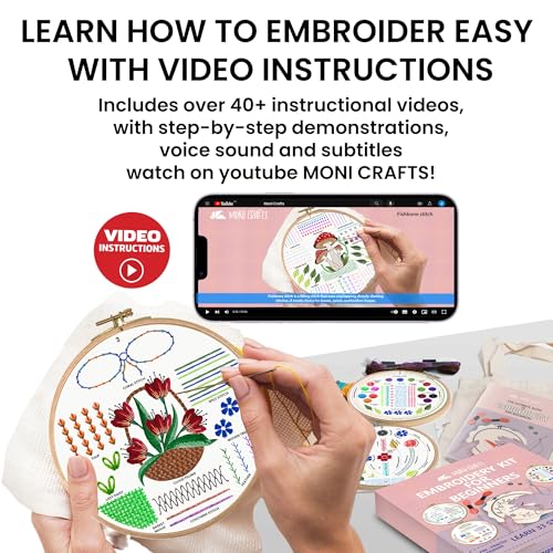 Moni Crafts Adult Beginner Embroidery Kit – 4 Pre-Printed Patterns (Flower, Mushroom, Floral, Heart) – Learn 41 Stitches, Hand Embroidery Starter Craft Set - color: Beginners - Practice B