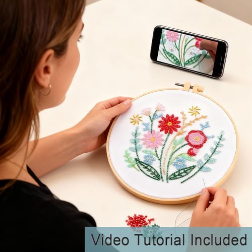 Harimau Bead Embroidery Starter Kit for Beginners (3 Sets) – Basic Flower Stitches, Includes Embroidery Hoop, Diagrams & Step-by-Step Video Tutorials – Gift for Craft Lovers - color: Red