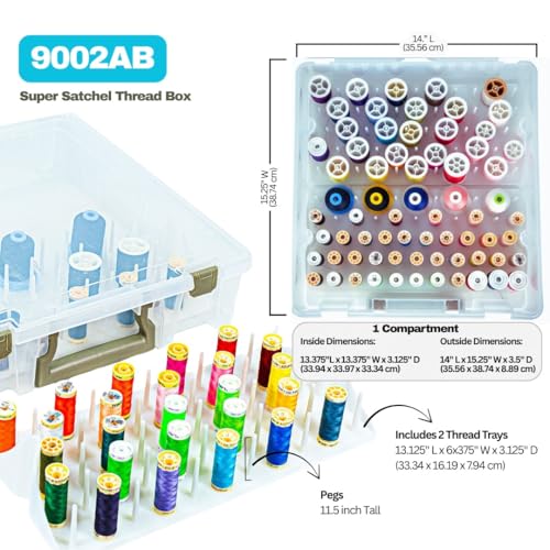 ArtBin Super Satchel Thread Box - Versatile Thread Storage for Sewing, Embroidery, and Quilting - 108 Pegs, Portable Design, Compatible with ArtBin Accessories - Made in USA, Transparent and Compact