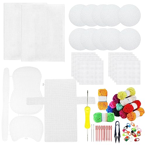 Allazone 59 PCS Mesh Plastic Canvas Sheets Kit Including 24 PCS Clear Plastic Canvas, 12 Color Acrylic Yarn for DIY Crafts Embroidery Cross Stitch, Acrylic Yarn Crafting, Knit and Crochet Projects - color: 59 PCS - Yarn Grid 2