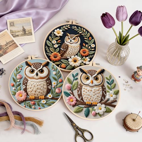 Uniartfy 3 Sets Embroidery Kit for Beginners with Owl Flower Pattern, Hand Needlepoint Kits for Adults, Embroidery Starter Kits with Hoops, Step by Step Video & Instructions, DIY Cross Stitch Kit - color: Embroidery Kit-H