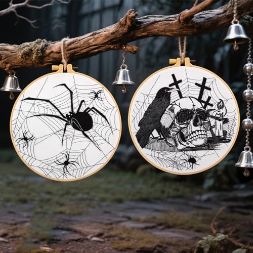 Dark Gothic Embroidery Kits for Beginners Adults, Halloween Hand Embroidery Needlepoint Kits, Skull Spider Stamped Cross Stitch Kits for Beginners Adults, 2 Embroidery Hoops (Attached Video Tutorial) - color: Black and white