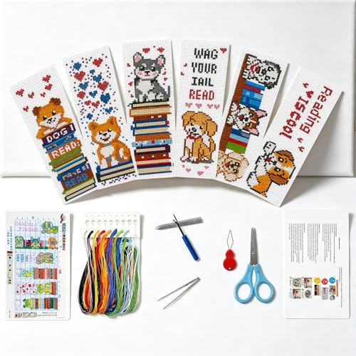 Zhenqing Bookish Dog Stamped Cross Stitch Bookmark Kit, 6 Reading Puppy Designs on 11CT Printed Cotton Fabric for Adults and Beginners, Gift for Book Lovers - color: Dog Reading Bookmarks