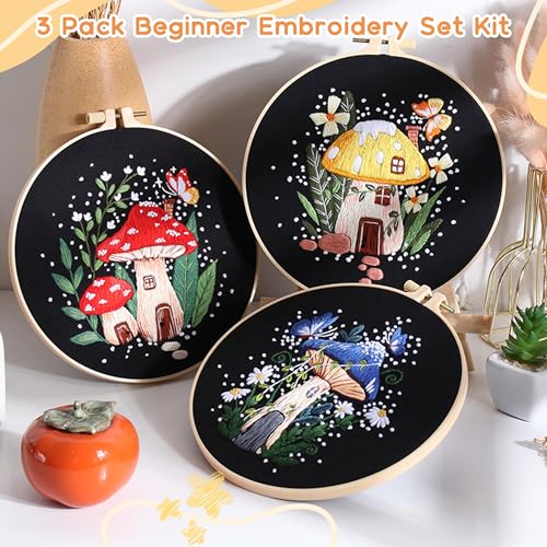 USEAMIE 3 Pack Embroidery Kit with Botanical and Floral Classic Prints, Embroidery Fabric, Needle and Thread, Adult Starter Needlepoint Embroidery Kits - color: Black pattern