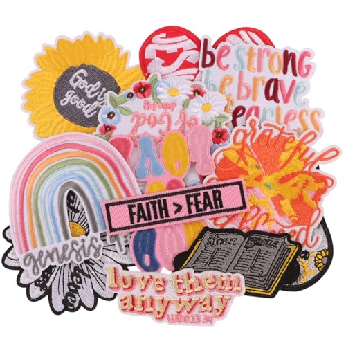 12Pcs Bible Verse Iron On Patches, Christian Embroidered Patches Inspirational Religious Quotes Sewing Applique for Trucker Hat Clothing Jackets - color: 12Pcs Christian