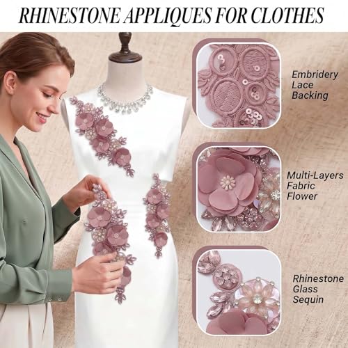 Handmade 3D Flower Embroidery Applique Rhinestone Lace Patches, Dusty Pink - color: Dusty Pink