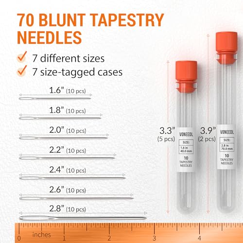 VONEEDL Large Eye Blunt Tapestry Needles (Pack of 70) - 7 Sizes with 7 Storage Tubes - Stainless Steel - Perfect for Darning, Embroidery, Cross-Stitching, Crafting, Knitting, Weaving, and DIY - size: 70pcs - 7 sizes