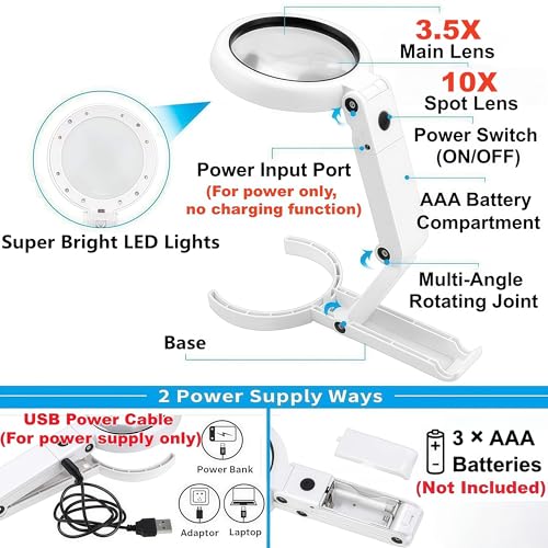 Magnifying Glass with Light and Stand, 3.55 Inch Large Lens with Lightweight Foldable Arm, Illuminated Magnifier with LED & Adjustable Brightness for Seniors Reading, Close Work, Coins, Jewelry