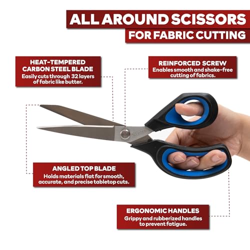 XFasten Sewing Scissors for Fabric Cutting Blue 9.5 Inch Professional Fabric Scissors Sewing | Heavy duty and Large - color: Blue