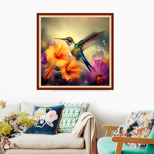 Foxdiviy Stamped Cross Stitch Kits Full Range of Embroidery Needlework Starter Kits for Beginners Adults 11CT Embroidery Patterns Art Crafts DIY Needlepoint Kits-Hummingbird Flowers 18x18 inch - color: Stamped Set 11