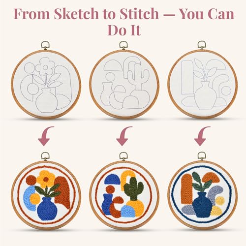 Zyrose Punch Needle Kit for Beginners – Modern Embroidery Kit with Printed Fabric, Non-Slip Hoop, Merino Yarn, 3 Needles – Boho Craft Kit for Adults & DIY Gifts (Boho Abstract) - style: BOHO abstract
