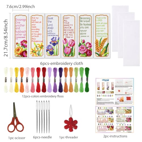 ORIGACH 6 Set Bible Verse Floral Cross Stitch Bookmark Kit for Beginner - style: Floral Scripture & Inspirational Verse