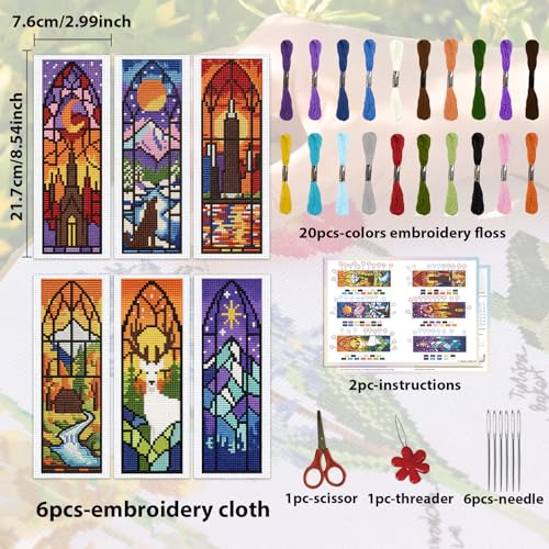 ACRNIGHEET 6PCS Cross Stitch Kits Stamped Cross Stitch Bookmark Kit for Beginner Adults Window View DIY Embroidery Bookmark Kit Needlepoint Kits with Instructions Book Lovers Craft Gift 8.5''x3'' 11CT - style: Window view patterns