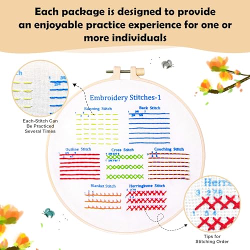 BREENHILL Embroidery Kit for Beginners, 5 Sets with Practice Kit, White Fabric, Tutorial Instructions, Art Craft Kit for Adults & Kids