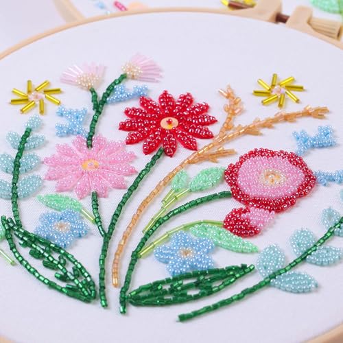Harimau Bead Embroidery Starter Kit for Beginners (3 Sets) – Basic Flower Stitches, Includes Embroidery Hoop, Diagrams & Step-by-Step Video Tutorials – Gift for Craft Lovers - color: Red
