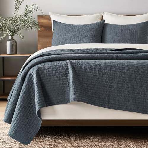 EverGrace 100% Cotton Cross Stitch 3-Piece Quilt Set, King, Midnight Blue - color: Midnight Blue, size: King/Cal King (108" X 96")