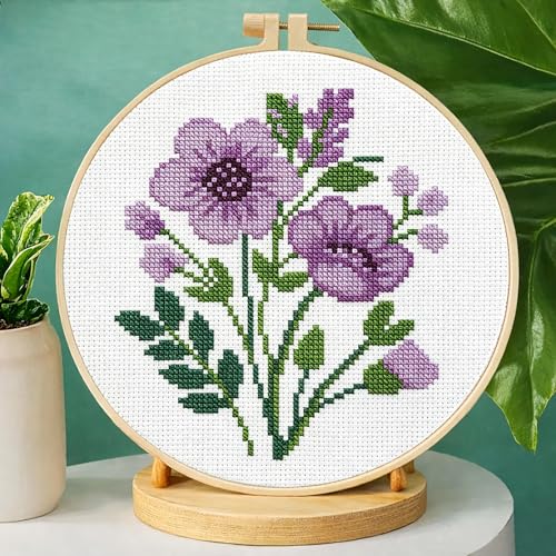 Zhenqing Purple Floral Bouquet Cross Stitch Kit for Beginners - 11CT 24x24cm Pre-Printed Pattern with Embroidery Hoop, Threads & Tools(70523) - color: Purple Floral Bouquet