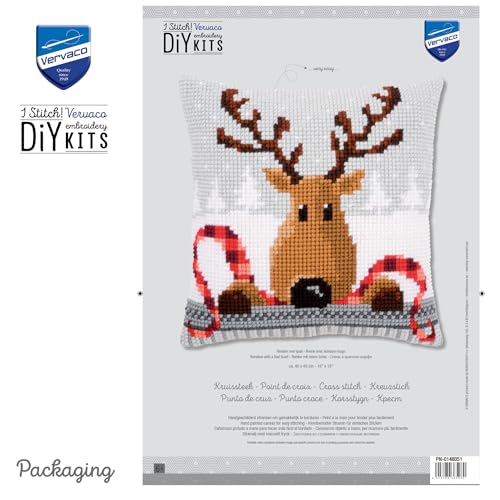 Vervaco Cross Stitch Christmas Pillow Kit Reindeer DIY Home Decor Stamped Embroidery Chunky Cross Stitch Cushion Craft Supplies ca. 16" x 16" Needlepoint Kits for Adults Creative Gift - size: Reindeer