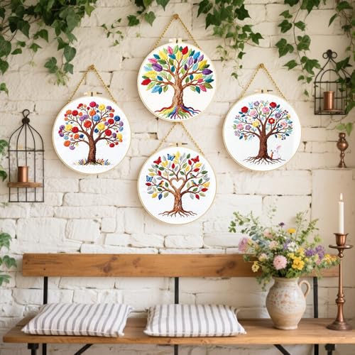 FREEBLOSS 4 Set Embroidery Kit Tree of Life Stamped Embroidery Starter Kit with Step by Step Instructions, Colored Threads, 2 Hoops, Needlepoint Kits for Hand Craft Lovers Gift, 30cm/11.8inch - style: Life Tree