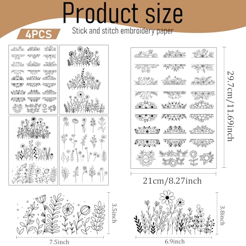 Floral Water Soluble Embroidery Stabilizer - 4 Sheets Stick and Stitch Embroider Paper Wash Away 40 Pcs Embroidery Transfer Paper with Pre-Printed Flower Leaves Designsfor Hand Sewing Lovers - size: Pattern: Flower (Style 2)