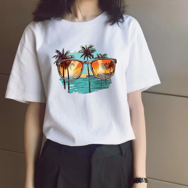 4 Packs Summer Iron on Patches for Clothing, Sweet Summer Heat Transfer Vinyl Decals Hawaiian Beach Coconut Tree Sunglasses Design DTF Transfer Ready to Press Appliques for T-Shirt Hoodie DIY Craft - color: Style I